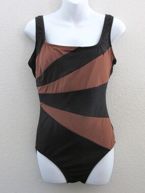 Longitude One Piece Swimsuit Sz 12 Black Brown Slimming Colorblock Padded